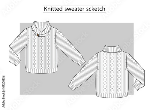 Knitted sweater with braids and shawl collar. Technical scketch.