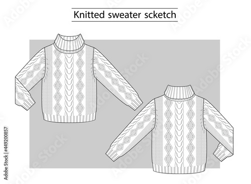 Knitted sweater with braids technical scketch.