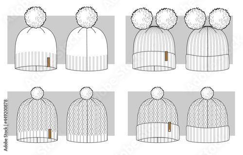 Knitted winter hats set of technical sketches. Vector illustration.