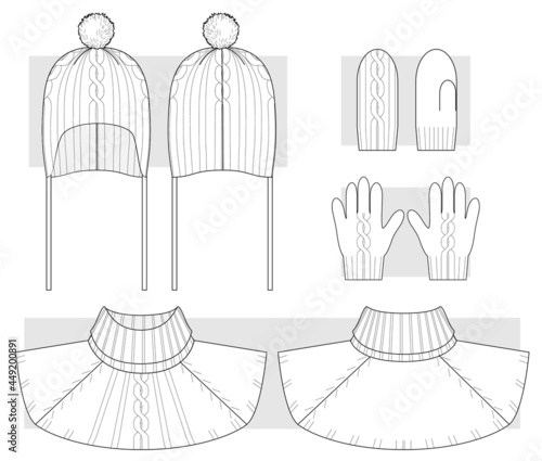 Knitted winter set from hat, mittens, gloves and scarf with neck. Decorated with knitted braids. Techical sketch.