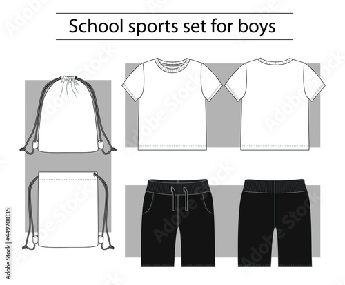 Technical sketches of school sports kit for boys. T-shirt, shorts and bag.
