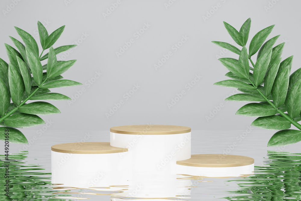 Cosmetic display product stand, Three Wood white cylinder in water reflection with green leaf background. 3D rendering illustration
