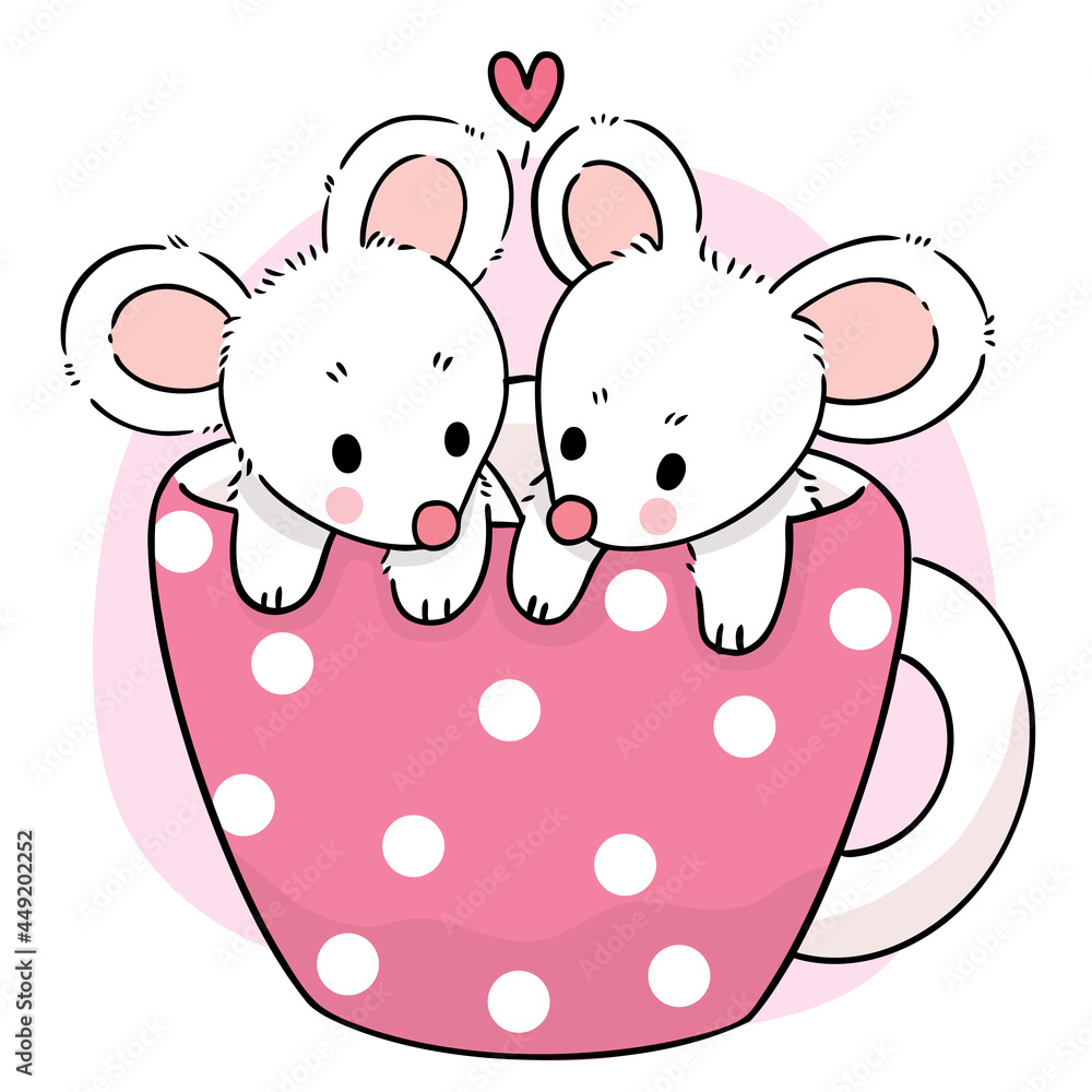 Hand draw cartoon cute white mouse fall in love inside coffee cup vector.