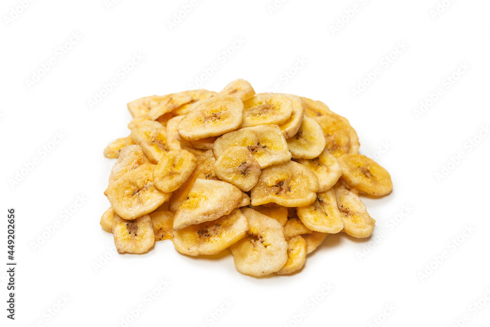 Banana chips isolated on a white background. Dehydrated banana. Banana chips isolated on a white background. Dehydrated banana.