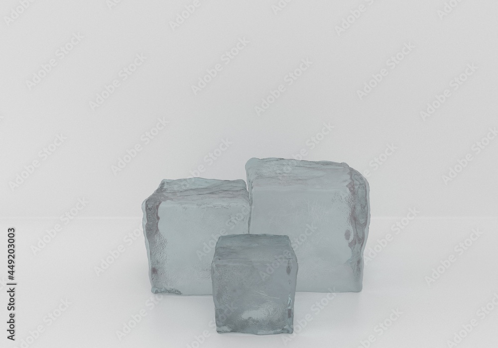 3 abstract Ice Cubes podiums for products showroom. Square platform, background for presentation. Conceptual stage exhibition, promotional sale, banner, cosmetic. 3D rendering 3 abstract Ice Cubes podiums for products showroom. Square platform, background for presentation. Conceptual stage exhibition, promotional sale, banner, cosmetic. 3D rendering