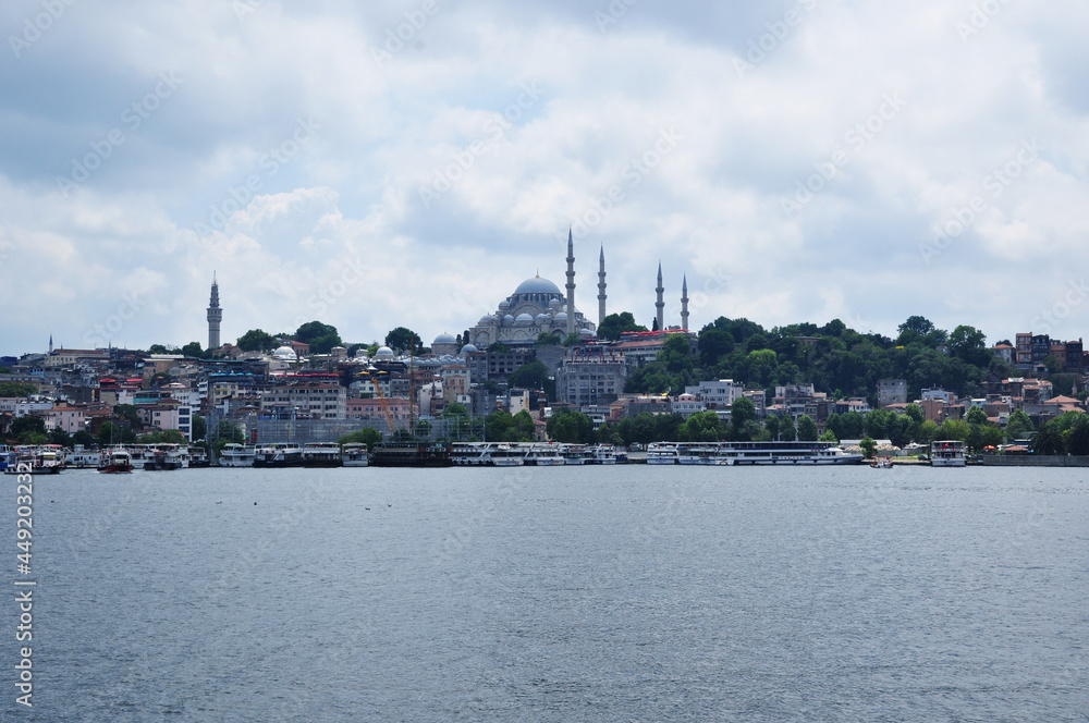 Panorama of Istanbul with a view of the Bosphorus and the mosque. Cloudy summer day.