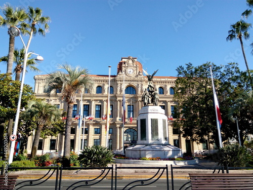 Panoramic view Town Hall of Cannes in the morning sun light. Scenic France country on a sunny summer day. Wonderful journey to Azure Coast in French Riviera.