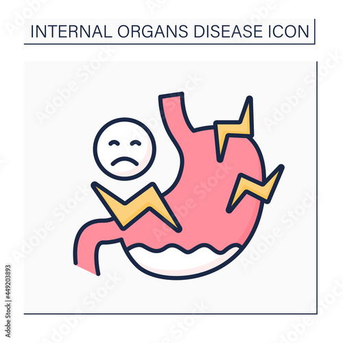 Stomach ache color icon. Indigestion, colic, dyspepsia, tummy ache. High pain. Stomach sick. Healthcare. Internal organs disease concept.Isolated vector illustration