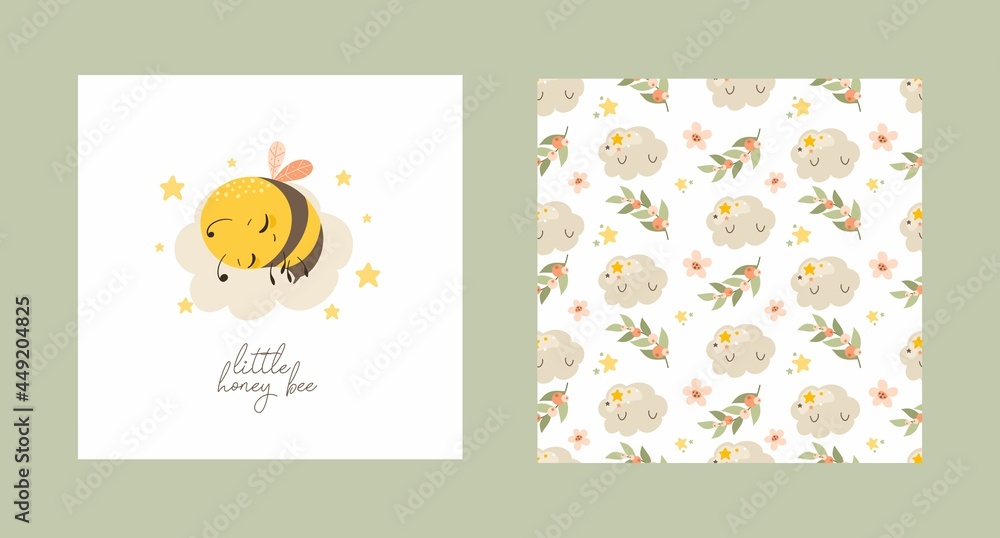 Set of postcards with a cute bee. Flat style, summer background with an inscription. Vector illustration.