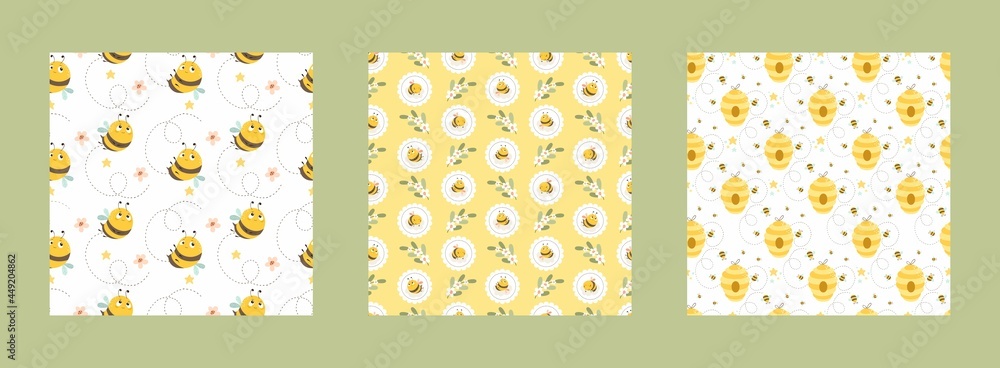 Set of seamless patterns with an abstract background and bees. Vector illustration.