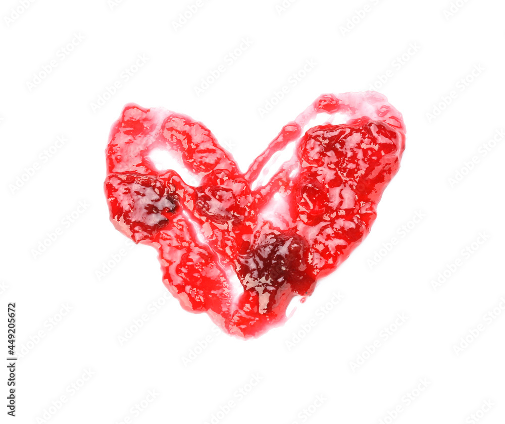 Heart made of tasty cherry jam on white background Heart made of tasty cherry jam on white background