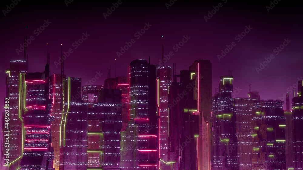 Futuristic City Skyline with Pink and Yellow Neon lights. Night scene ...