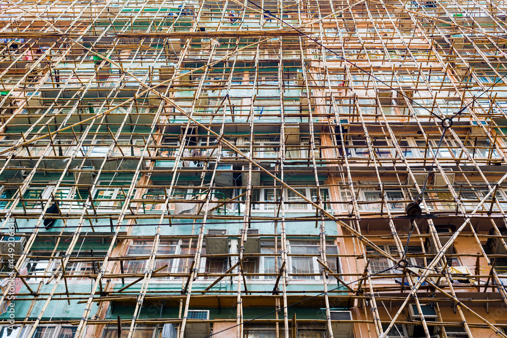 Traditional bamboo scaffoldings around a building in Hong Kong, China
