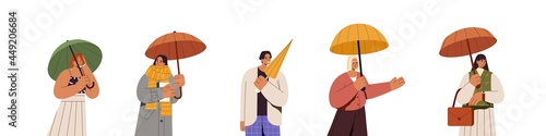 Set of people under umbrella in rainy wet weather. Happy stylish man and woman holding open and closed parasols in summer and autumn. Colored flat vector illustration isolated on white background.