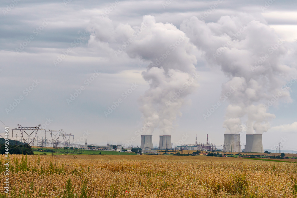 Cooling towers of a nuclear power plant. Nuclear power station Dukovany. Vysocina region, Czech republic, Europe.