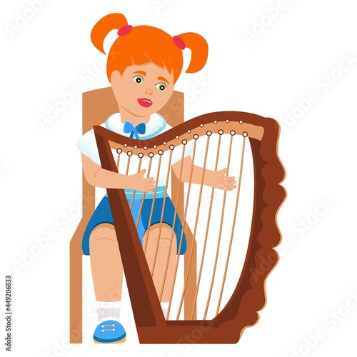 Harp. The character plays the harp. Cartoon character. Vector
