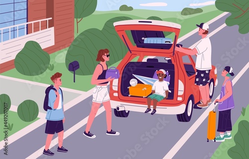 Happy family with kids packing luggage into open car back and leaving for summer holiday. Mother, father and children loading trunk with things and going to road trip. Flat vector illustration.