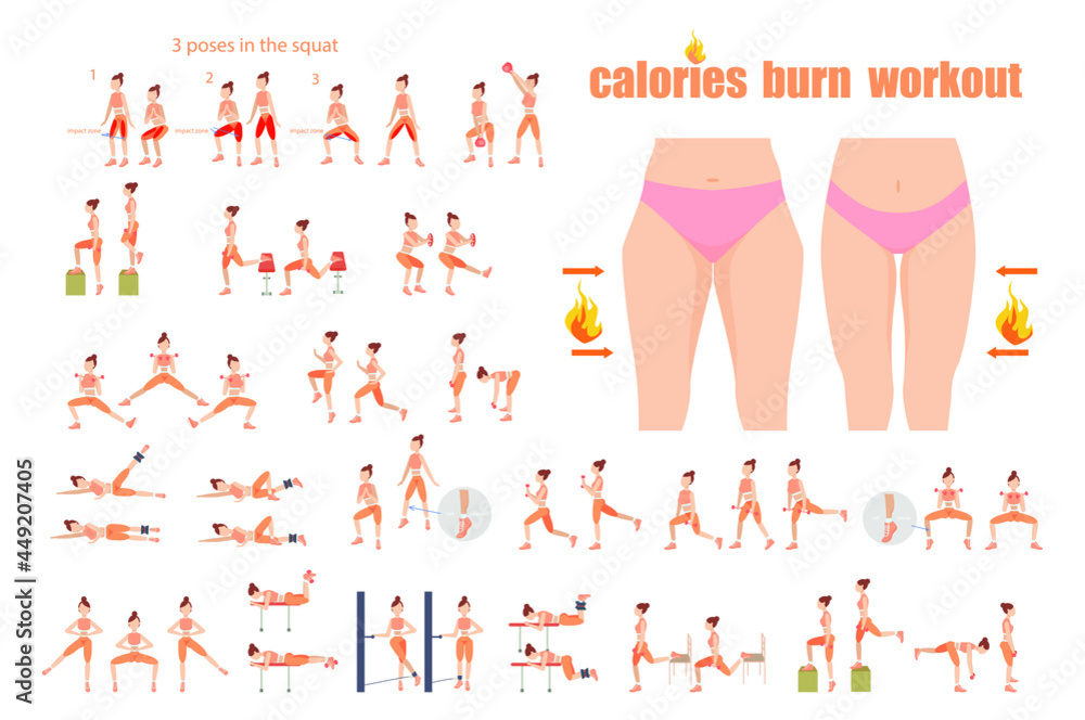 Fat burning workout. girl exercises. calories burn training