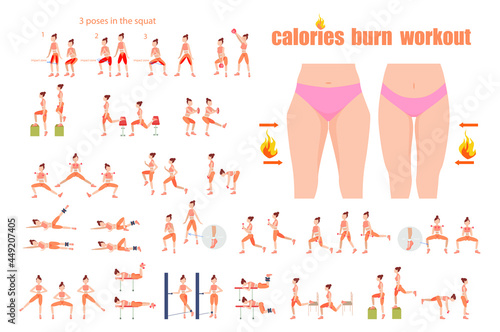 Fat burning workout. girl exercises.   calories burn training. Before and after cellulite removal.   hip correction before and after. Exercises for local fat removal. Vector illustration.  slim body.