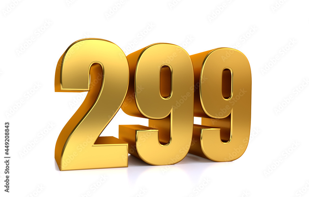 two hundred ninety-nine, 3d illustration golden number 299 on white background and copy space on right hand side for text two hundred ninety-nine, 3d illustration golden number 299 on white background and copy space on right hand side for text