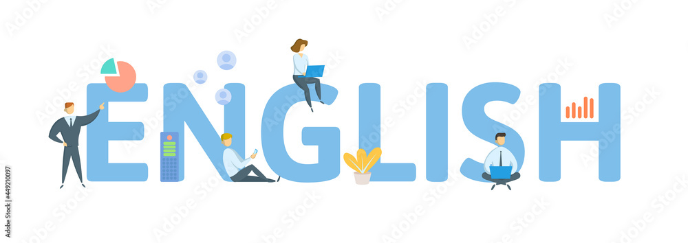 English language. Concept with keywords, people and icons. Flat vector illustration. Isolated on white.