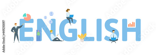 English language. Concept with keywords, people and icons. Flat vector illustration. Isolated on white.