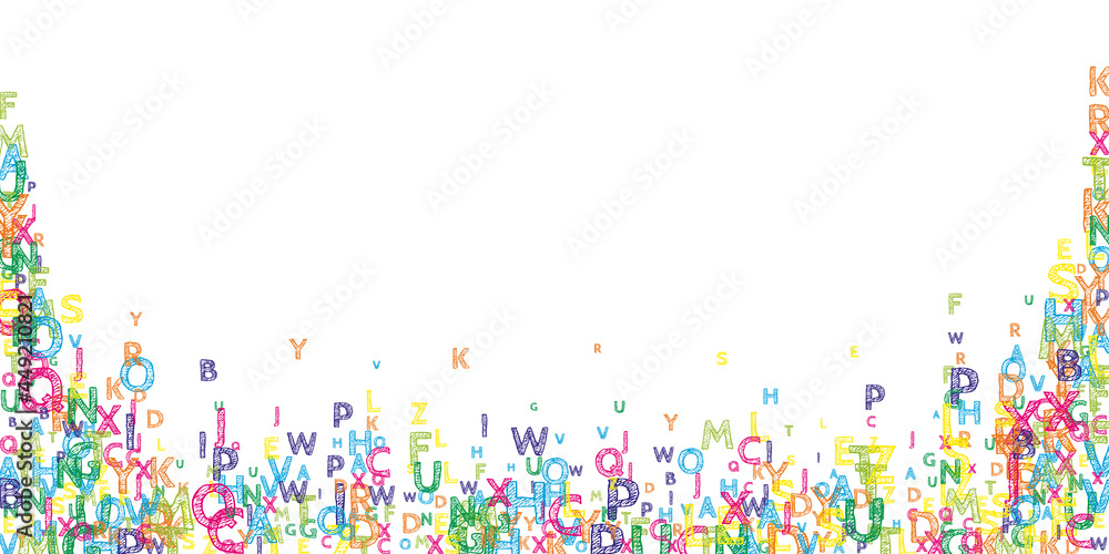 Falling letters of English language. Bright handdrawn flying words of Latin alphabet. Foreign languages study concept. Extraordinary back to school banner on white background. Falling letters of English language. Bright handdrawn flying words of Latin alphabet. Foreign languages study concept. Extraordinary back to school banner on white background.