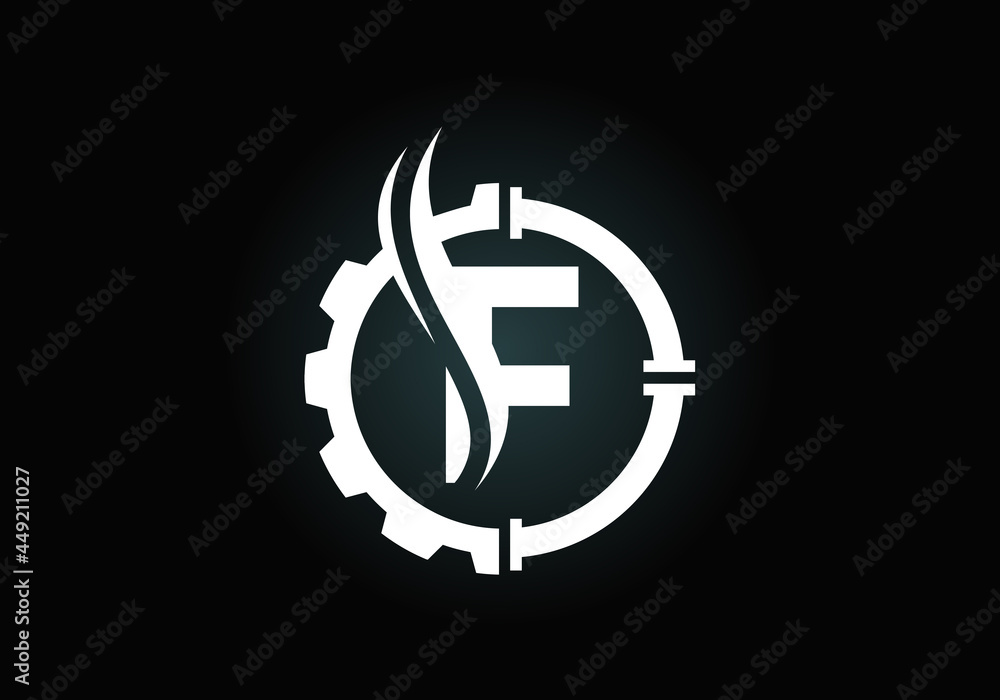 Initial F monogram alphabet with gear pipe and flame. Oil and gas logo ...