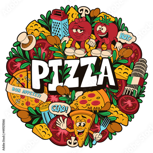 a round doodle pattern for a pizzeria theme, this illustration can be used for a restaurant decoration