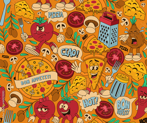 pizza seamless pattern, background with different cartoon characters for a pizzeria theme