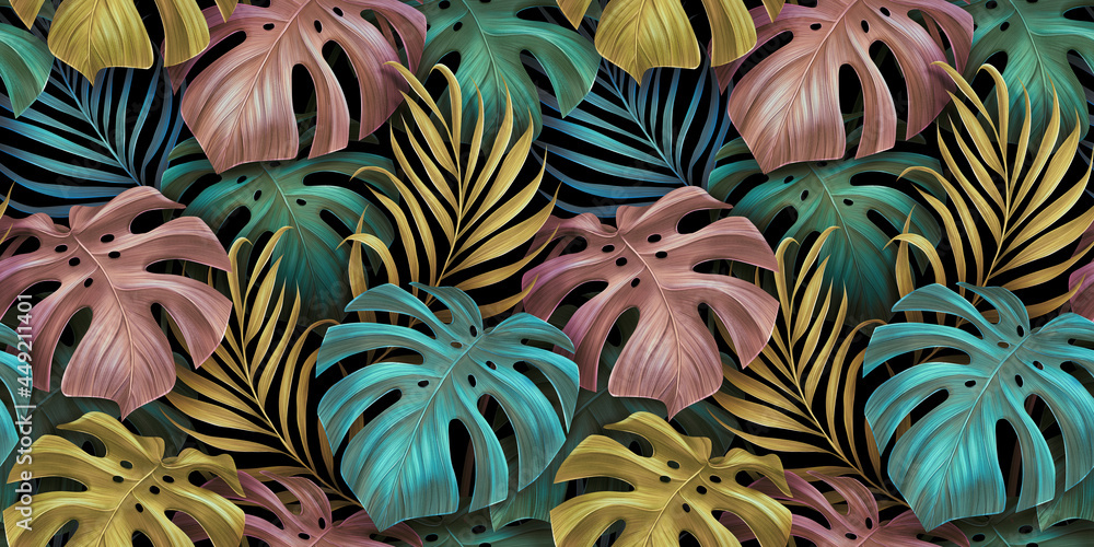 custom made wallpaper toronto digitalTropical exotic seamless pattern. Pastel colorful monstera leaves, palm leaves. Hand-drawn vintage 3D illustration. Glamorous background design. For luxury wallpapers, cloth, fabric printing, goods
