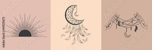 Set of magic symbols, witch tattoos. Black linear sketch, boho design, modern vector illustration
