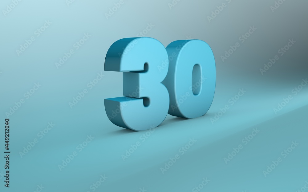 3D rendering of 30 number. 3D Lettering thirty number. 3D rendering of 30 number. 3D Lettering thirty number.