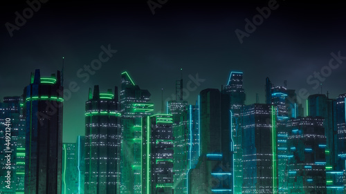 Futuristic Metropolis with Green and Blue Neon lights. Night scene with Futuristic Skyscrapers. photo