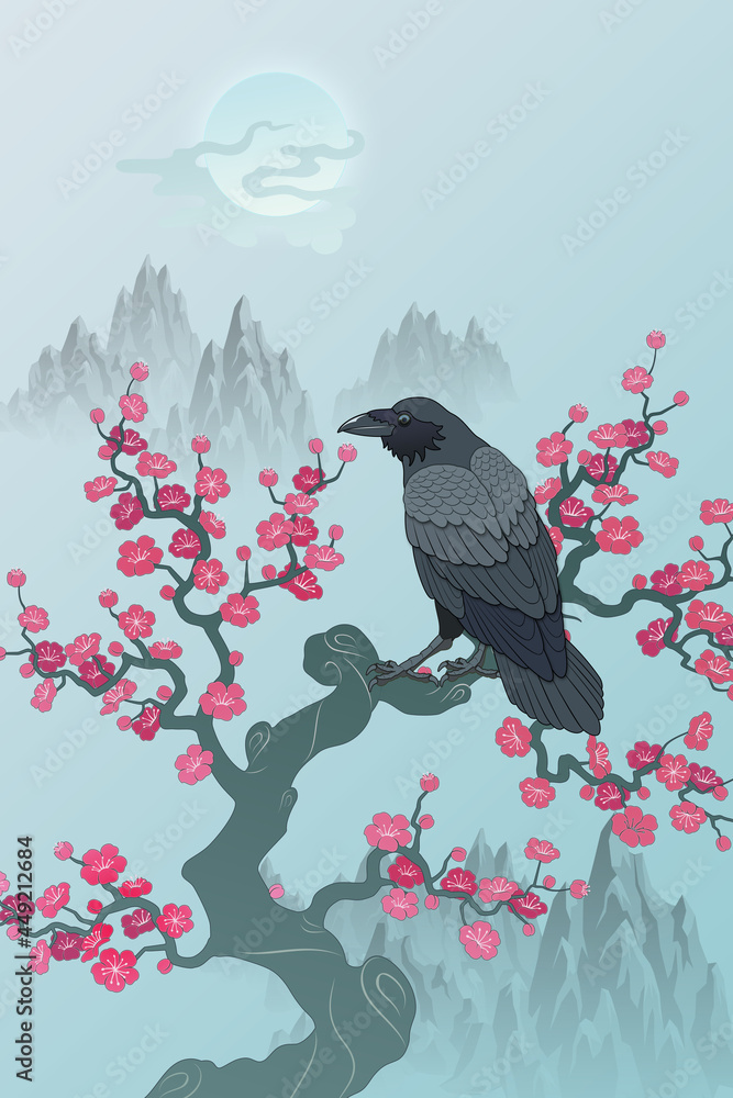 Fototapeta premium Plum blossom and crow illustration sakura Oriental painting style tattoo design