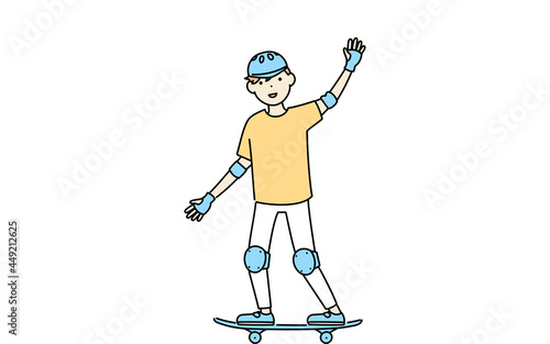 スケートボードに乗って手を振る男の子