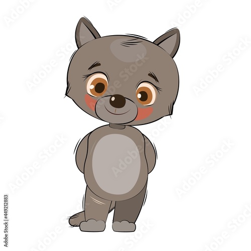 Little wolf cub. Isolated object on a white background. Cheerful kind animal child. Cartoons flat style. Funny. Vector