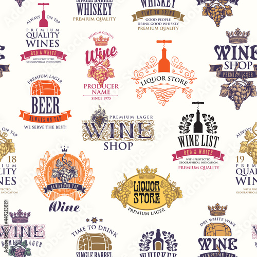 Seamless pattern with labels, logos, sings for various alcohol beverages on a light backdrop. Vector background, wallpaper, wrapping paper or fabric on the theme of wine, beer, whiskey in retro style
