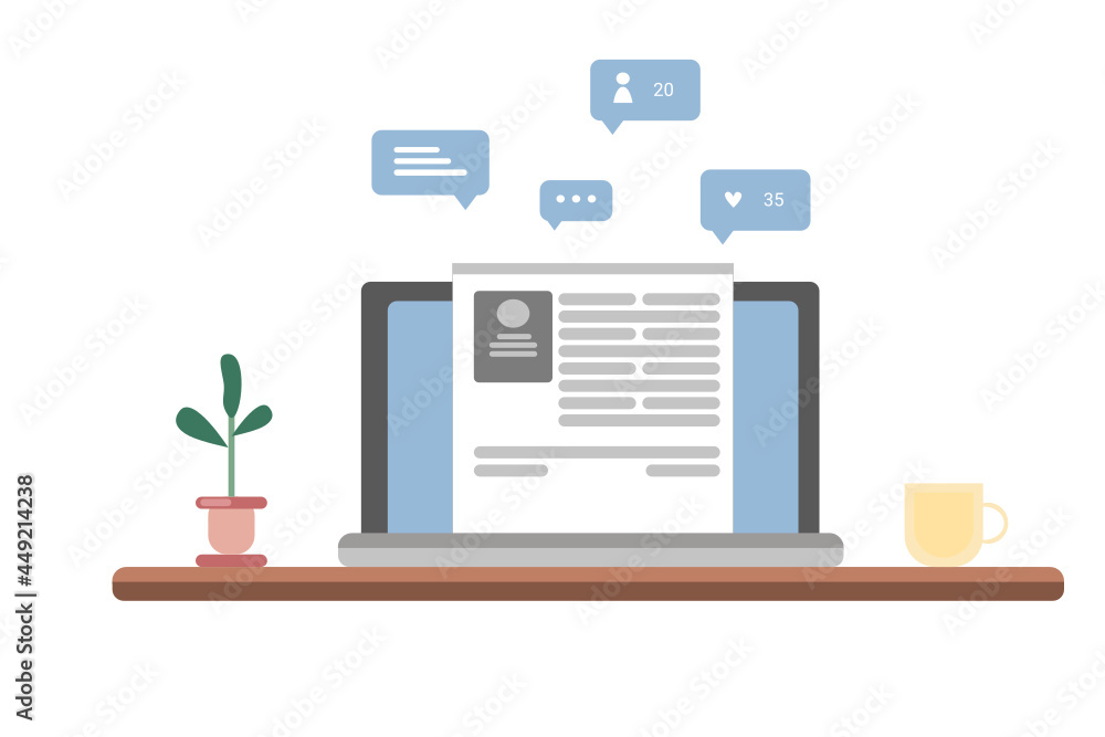Flat vector illustration of a computer screen with icons such as like, share, messages. Blog style, article