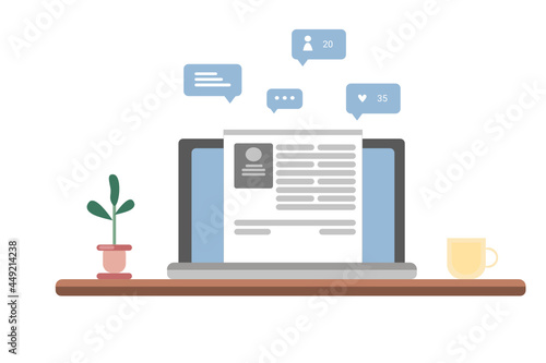 Obraz na płótnie Flat vector illustration of a computer screen with icons such as like, share, messages. Blog style, article w salonie