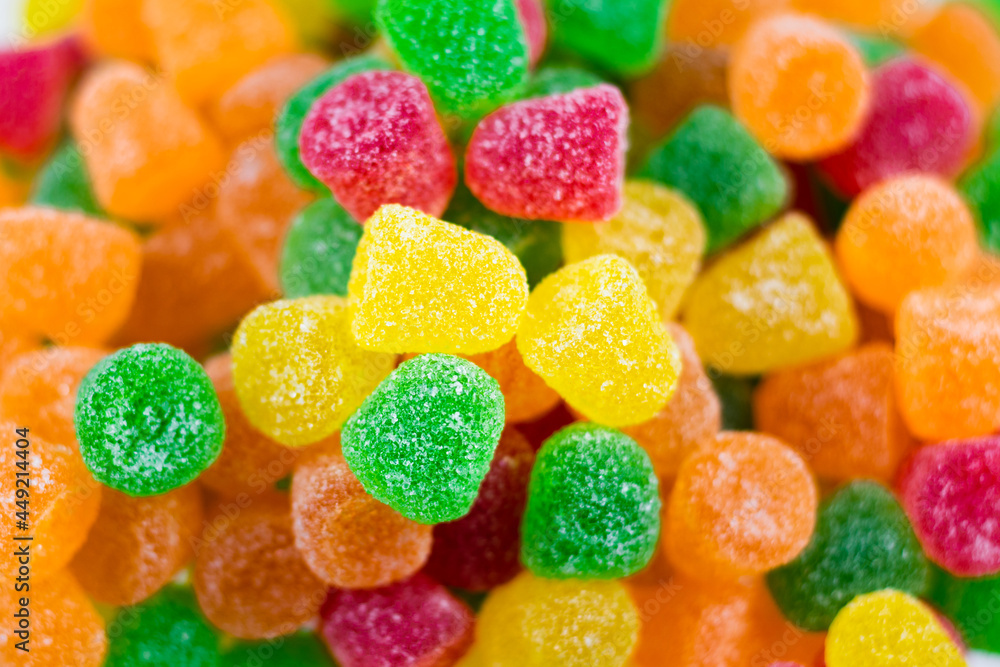 Close up view of delicious multicolored jelly sugar candies Close up view of delicious multicolored jelly sugar candies