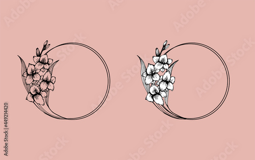 Slika na platnu Hand drawn gladiolus flower wreath in cute doodle style