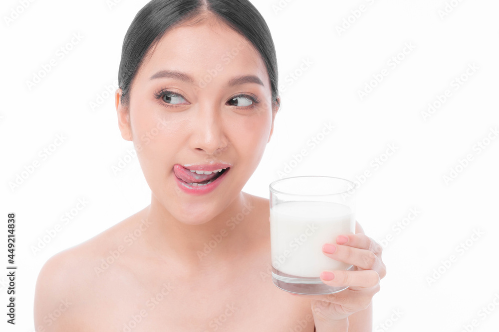 beauty woman Asian cute girl feel happy drinking milk for good health in the morning on white background - lifestyle beauty woman concept beauty woman Asian cute girl feel happy drinking milk for good health in the morning on white background - lifestyle beauty woman concept