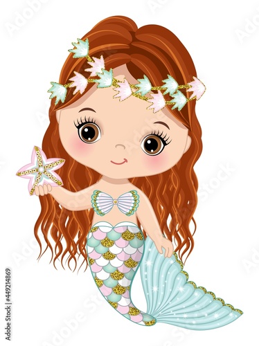 Cute Little Redheaded Mermaid with Glitter Fishtail, Long Curly Hair Holding Starfish. Vector Glitter Mermaid photo