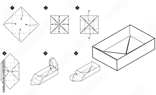 How to make origami box. Step by step black and white DIY instructions. Outline monochrome vector illustration.