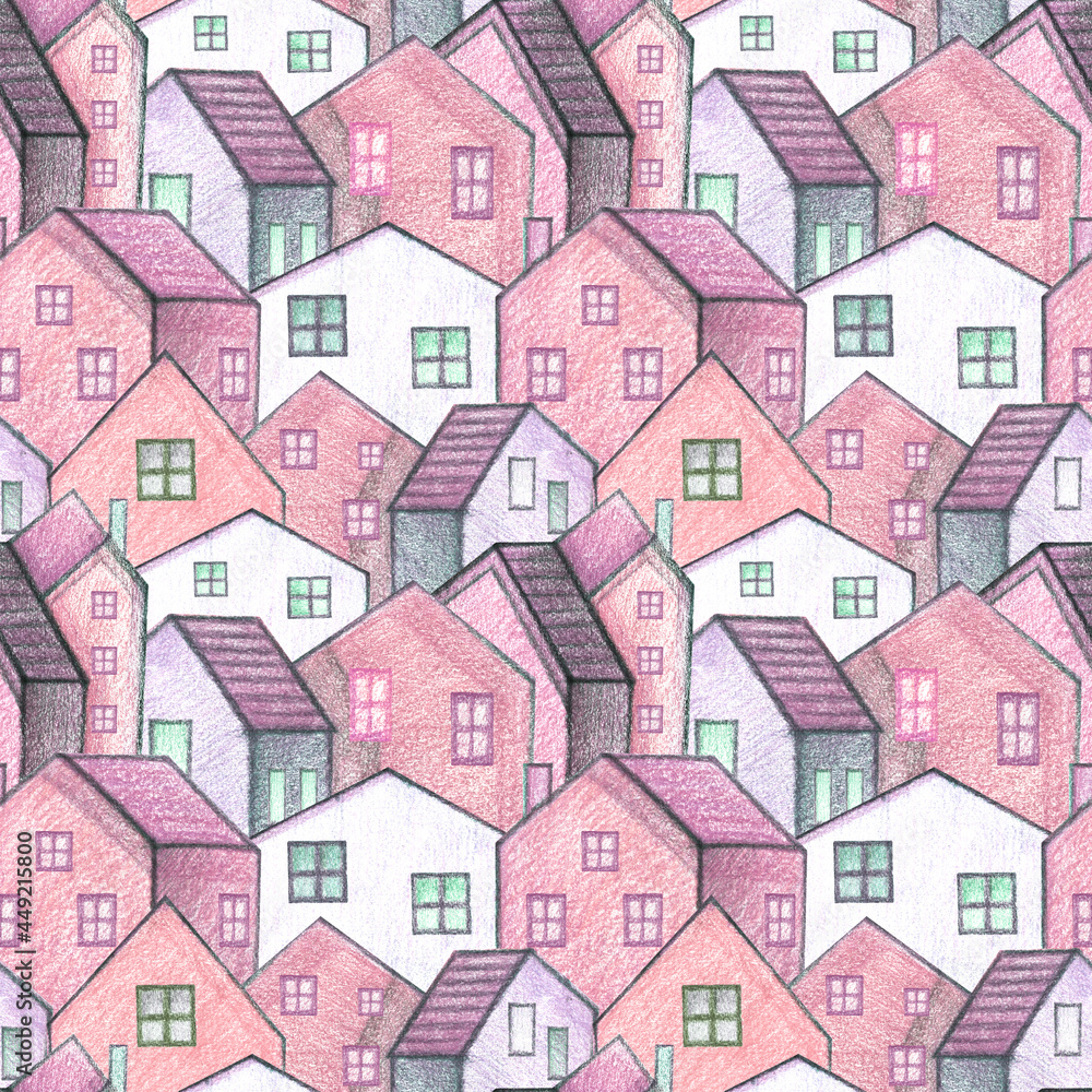 Cityscape with cute pink hauses. Hand drawing of colored pencils. Seamless pattern.  Illustration.