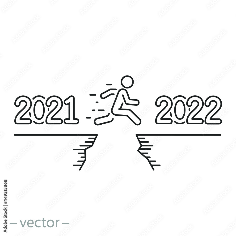 2021 challenge, icon, happy man jump, success vision in new year 2022, future plan business goal, merry Christmas concept, thin line symbol on white background - editable stroke vector illustration 2021 challenge, icon, happy man jump, success vision in new year 2022, future plan business goal, merry Christmas concept, thin line symbol on white background - editable stroke vector illustration