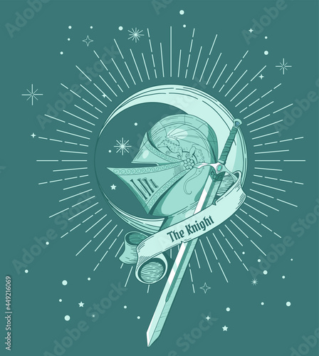 stylized illustration with helmet, tape, moon and sword