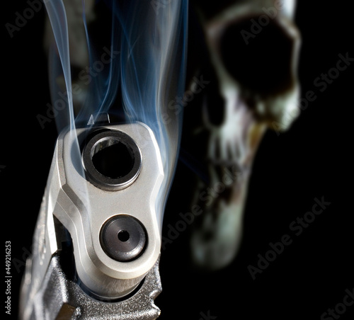 3D illustration of a ghost gun using a smoking gun up front and out of focus skull behind