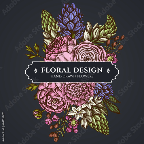 Floral bouquet dark design with peony, carnation, ranunculus, wax flower, ornithogalum, hyacinth